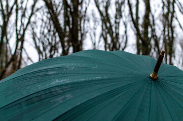 Dark green umbrella in rainy day
