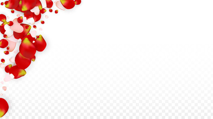 Vector Realistic Petals and Hearts Confetti. Flying Rose and Hearts on Transparent Background.