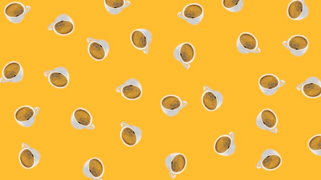 seamless looping animation with many white cups of coffee latte americano that wiggle on a yellow background. template for drink menu of coffee houses and restaurants with copy space