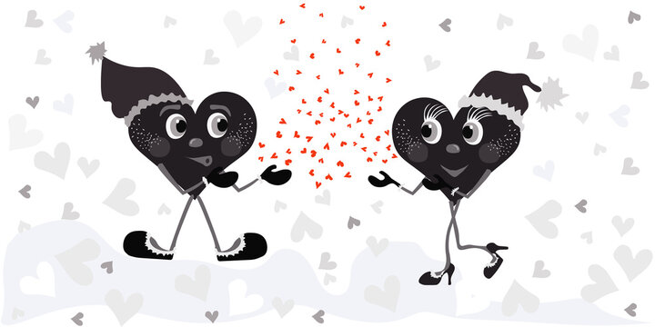 Couple in love concept. Vector illustration with two heart characters as symbols of love (male and female). Funny cartoon persons in winter hats, shoes, mittens. Doodle style painting. Black and white