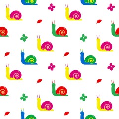 Seamless spring pattern. Bright cartoon snails, flowers and leaves. Vector illustration isolated on white background.