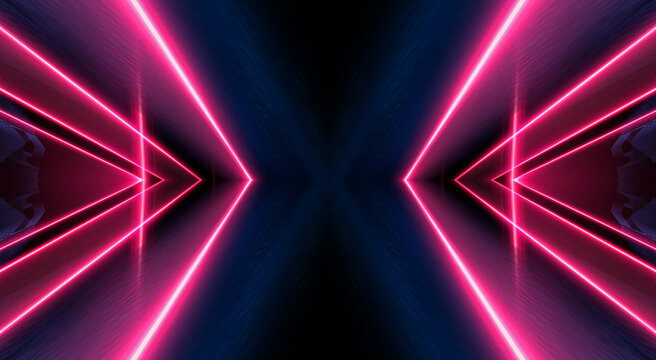 Dark abstract futuristic background. Neon lines, glow. Neon lines, shapes. Pink and blue glow © MiaStendal