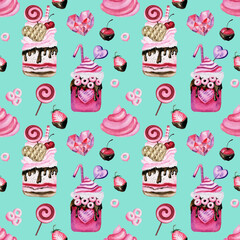 Bright neon pink desserts on contrast emerald green background. Watercolor milkshake, marshmallows, candies and fruits on seamless pattern