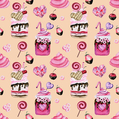 Pink watercolor Milk shake, waffles, lollipop and marshmallows isolated on creamy background. Seamless pattern for bakery business, wrapping paper, wedding print and textile. Hand painted desserts