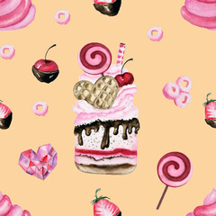 Pink desserts and candies seamless pattern on delicate beige background. Hand painted watercolor elements on  for textile print, wrapping paper and wedding design
