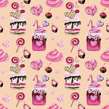 Pink watercolor Milk shake, waffles, lollipop and marshmallows isolated on creamy background. Seamless pattern for bakery business, wrapping paper, wedding print and textile. Hand painted desserts