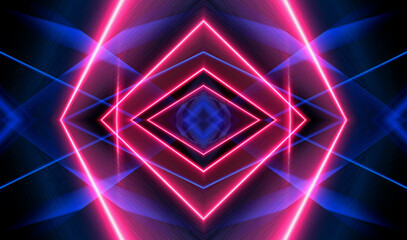 Dark abstract futuristic background. Neon lines, glow. Neon lines, shapes. Pink and blue glow