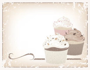 Three different flavored cupcakes made of textures and soft colors
