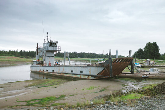 Large Ferry Boat on the Shore of Alaskan Harbor