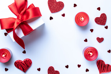 Love heart, romantic gift box, candle on white Valentines day background. Sainte Valentine, mothers day, birthday greeting cards, invitation, celebration concept.