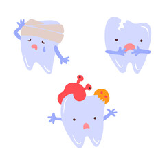 Cute tooth set. Hand drawn cartoon characters with different emotions.