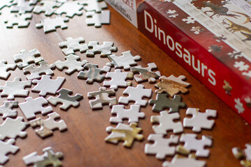 Dinosaur Jigsaw Puzzle on a Wooden Dinning Room Table