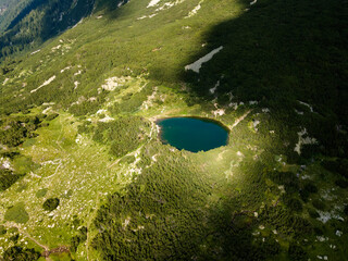 Aerial view of The Eye (Okoto) lake, Pirin Mountain, Bulgaria
