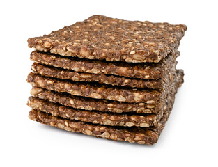 healthy food multigrain crispbread stack close-up isolated on white background 
