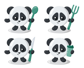 Set of funny cute kawaii panda with round body, spoon, fork, knife and cup in flat design with shadows. Isolated animal vector illustration with cutlery