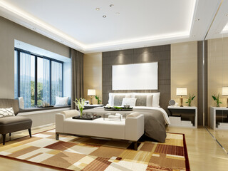 3d render of hotel room, bedroom