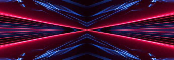 Empty dark abstract background. Background of empty show scene. Glow of neon lights and neon figures on an empty concert stage. Reflection of light on the pavement. 
