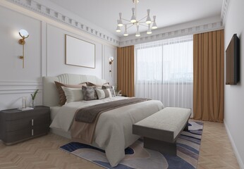 3d render of hotel room, bedroom