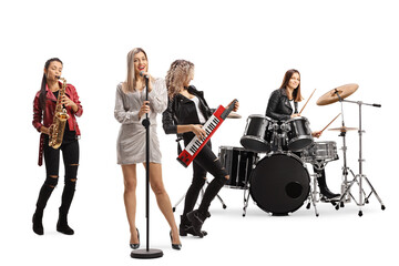 Female rock band with a drummer, sax player, keytar player and a front singer