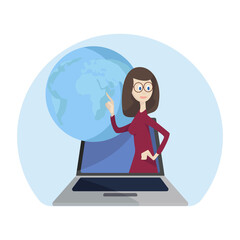 Teacher online. Online studying. Global network connection. Internet technology. Global map. World map.