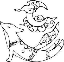 Fox in yoga cobra pose with closed eyes with ornament. Moon and clouds.
