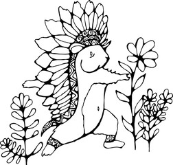 Yoga Hamster with Native American Feather Hat among Flowers.