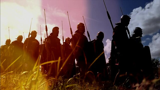 Old Historical Retro Vintage Army Soldiers Walking on Battlefield Defending there Territory with Spear and Protection Shield