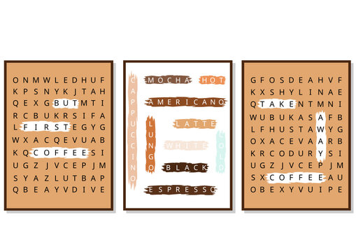 Three posters. Crossword puzzle with words related to coffee. Cafe concept, poster for cafeteria, coffee shop. Word search puzzle with words circled in a brush: espresso, cappuccino, latte, etc.