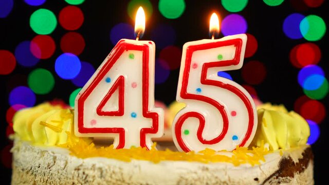 Number 45 Happy Birthday Cake With Burning Candles Topper.