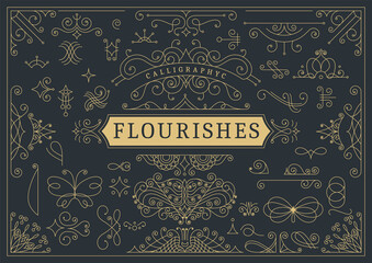 Flourishes calligraphic vintage ornamental background. Golden ornate page with swirls and vignettes elements. Frame design template. Vector restaurant menu or royalty certificate