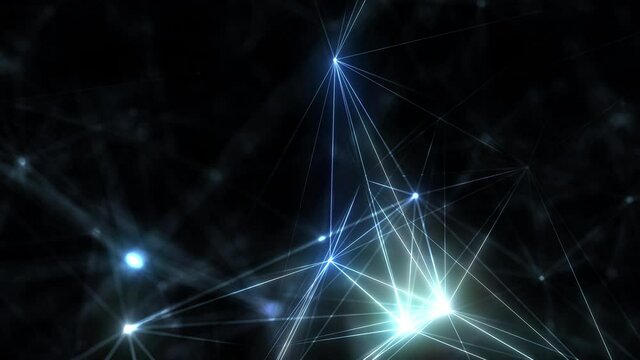 Cybernetic artificial intelligence in three-dimensional logic space on quantum computing communication of abstract Plexus elements array. 3D animation concept loop for science, technology and software