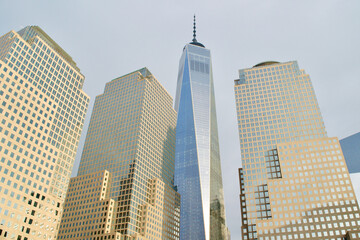 Fototapeta na wymiar Skyscrapers standing tall in financial district in Manhattan, New York