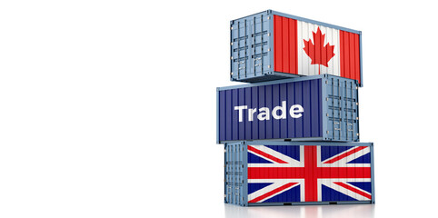 Fototapeta na wymiar Freight container with Canada and United Kingdom flag. 3D Rendering