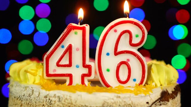 Number 46 Happy Birthday Cake With Burning Candles Topper.