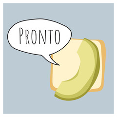 Pronto. Avocado handset with speach bubble. Humoristic vector illustration with smartphone icon. Messenger. Design template, cartoon print design. Fun art. Trendy, modern isolated illustration. Device