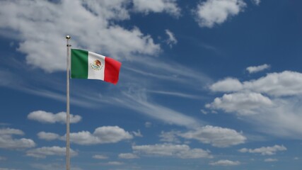 Mexican flag waving in wind. Blue sky clouds Mexico banner blowing, soft silk.