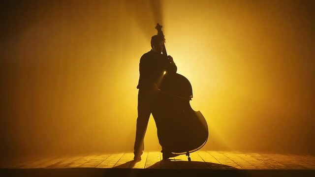 Silhouette of a Musician. The Musician Performs a Classical Piece of Music on the Double Bass. The Stage of a Dark Chamber Hall is Filled with Smoke and Illuminated by Yellow Beams of a Searchlight.
