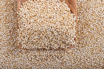 White quinoa background with a wooden spoon, closeup