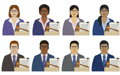 diversity, race, ethnicity of court assistant, law and judicial clerk vector icons, male and female, with file folders, documents and gavel, isolated on a white background