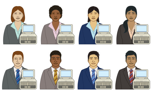 diversity, race, ethnicity of court reporter, stenographer, law reporter vector icons, male and female, with stenographic machine, isolated on a white background