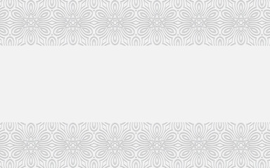 Ethnic convex geometric white background in oriental doodling style. Embossed volumetric pattern with flowers for wallpaper, presentations. Horizontal inserts.