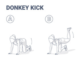 Fototapeta na wymiar Donkey Kick Female Home Workout Exercise Guide Illustration. Concept of Young Woman Kick Back and Up Workout.