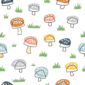 Cute colorful mushroom doodle repeat pattern design