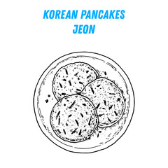 JJeon pancakes sketch, korean food. Hand drawn vector illustration. Sketch style. Top view. Vintage vector illustration.