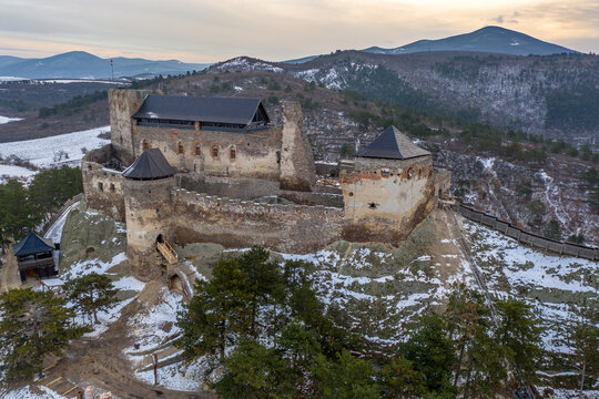 Hungary - Castle of Boldogko (Boldogkő) in Zemplen mountain. Hungarian historical castle in winter time with snow from drone view