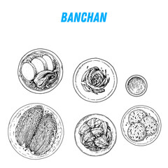 Banchan sketch, korean food. Hand drawn vector illustration. Sketch style. Top view. Vintage vector illustration.