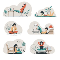 Different people, men and women, spend time at home, work and relax with a laptop. A set of people at home.