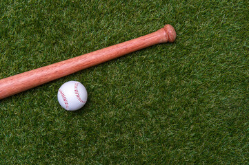 Baseball bat and ball on green grass field. Sport theme background with copy space for text and advertisment