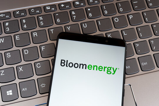 Toronto, Canada - February 1, 2021: Bloom Energy Logo On Smartphone Screen On Keyboard. Bloom Energy Is A Company Manufactures Solid Oxide Fuel Cells That Produce Electricity On-site. 