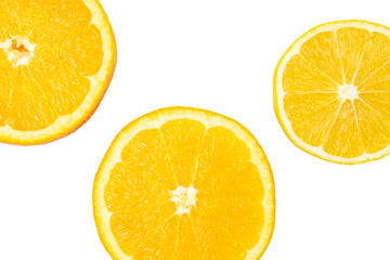 Slices of orange fruit and lemon isolated on white background, top view.